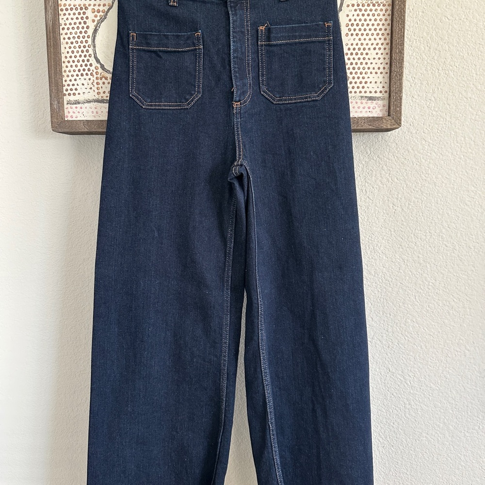 New ZARA Marine Straight Wide Leg High Waist Patch Pocket Dark Blue Jeans 4 - Picture 7 of 14